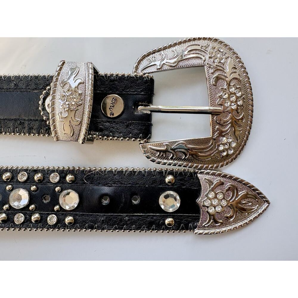 Y2K Western Belt Black Leather Rhinestone Ornate Buckle Studded Womens Large BHW